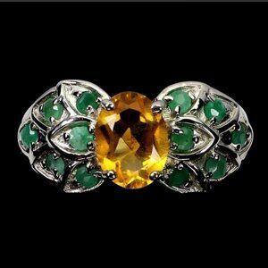 925 Sterling Silver Ring Sz 6.75 with Natural Citrine 8x6mm & Emerald Gems